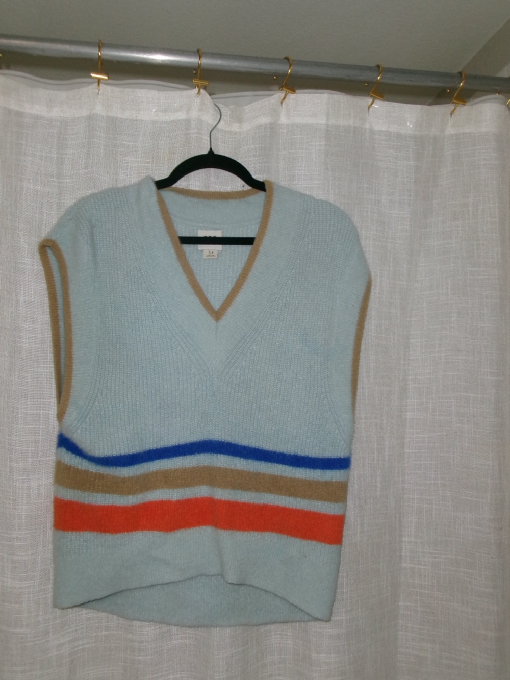 BDG Light Blue V-Neck Striped Knit Vest with Royal Blue, Tan & Orange Trim
